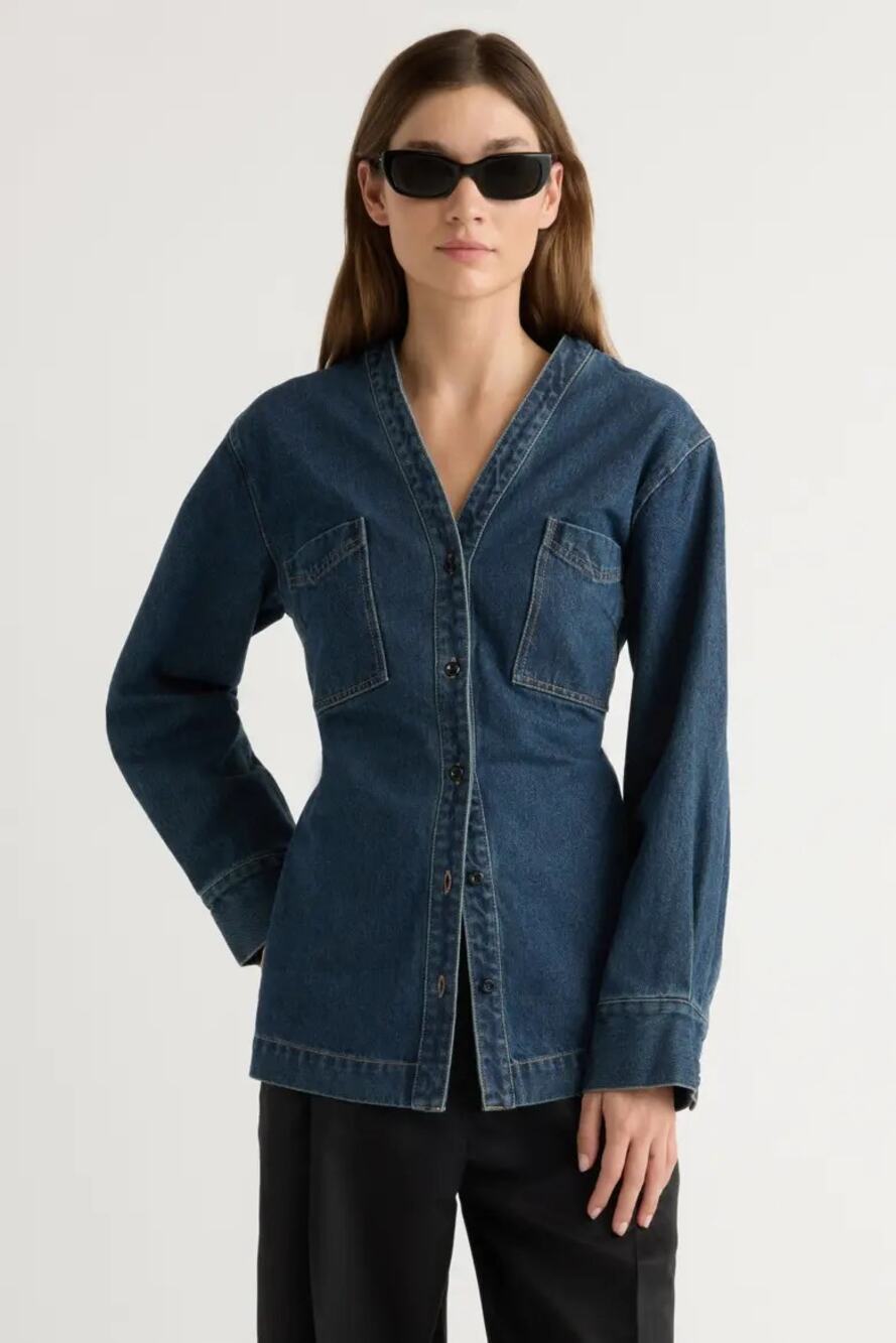 Modern Citizen Emmett Cinch Waist Structured Denim Jacket Indigo Women Sz M